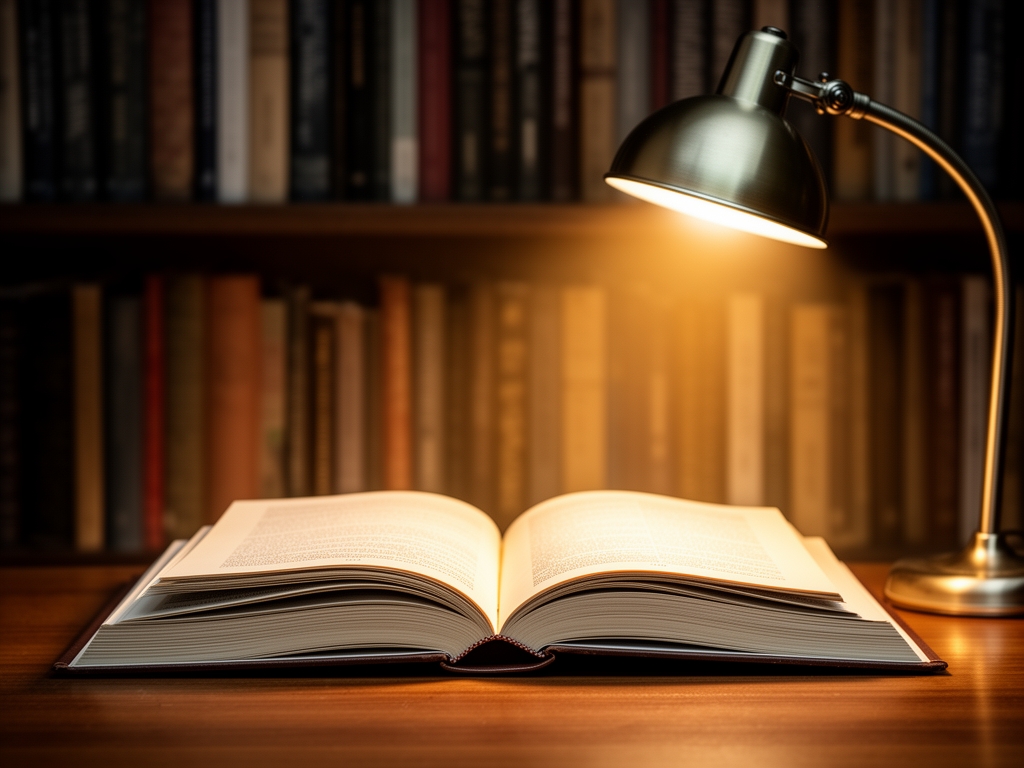 Stilizovana biblioteka sa otvorenim knjigama i fokusiranim svetlom, simbolizuje potragu za znanjem i naucnu preciznost u istrazivanju informacija, sa toplim svetlom lampe koje osvjetljava stranice