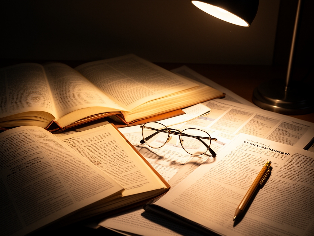 Otvorene knjige i naucˇni casopisi rasuti po radnom stolu sa naocˇarima i olovkom, osvetljeni toplim bocnim svetlom lampe koji stvara dramaticne senke i naglasava teksturu stranica