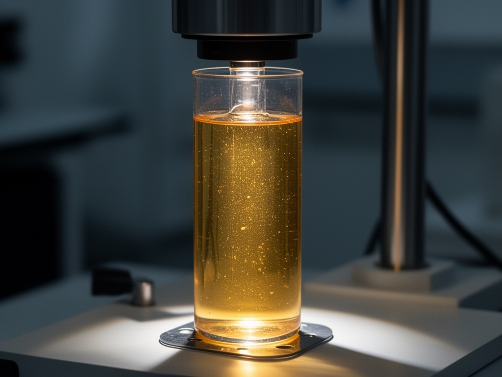 Providna tecnost kolagenskog ekstrakta u laboratorijskoj cˇasi sa preciznim osvjetljenjem koje prolazi kroz uzorak i stvara igru svetlosti i tamnih senki