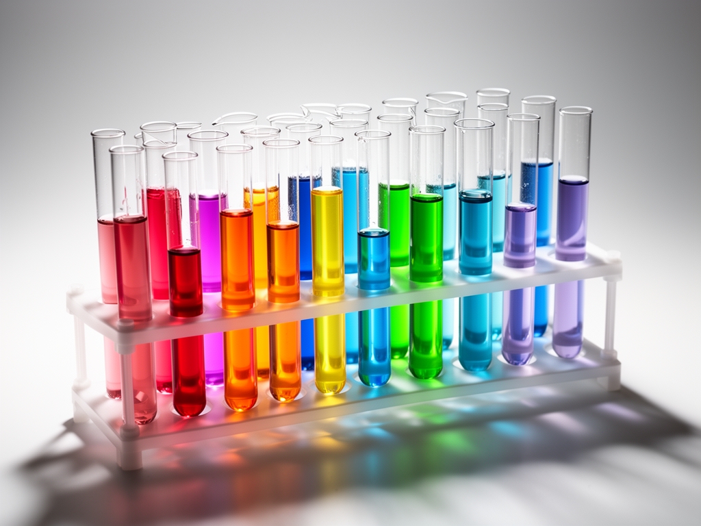 Moderna laboratorija sa nizom providnih epruveta ispunjenih raznobojnim tecnostima smestenih u preciznom stalku, osvetljenim studioznim belim svetlom sa senkama koje naglasavaju dubinu