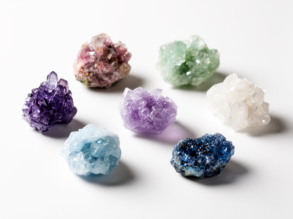 Kristali i mineralni uzorci u razlicitim nijansama, prikazani na beloj pozadini pod preciznim makro osvjetljenjem koje naglasava molekularnu strukturu i cistotu materijala