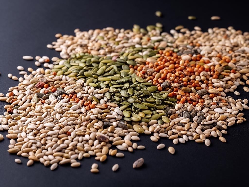 Razlicite vrste semena i orascica rasute po tamnoj povrsini, prikazujuci texturu i raznolikost prirodnih izvora omega masnih kiselina i minerala