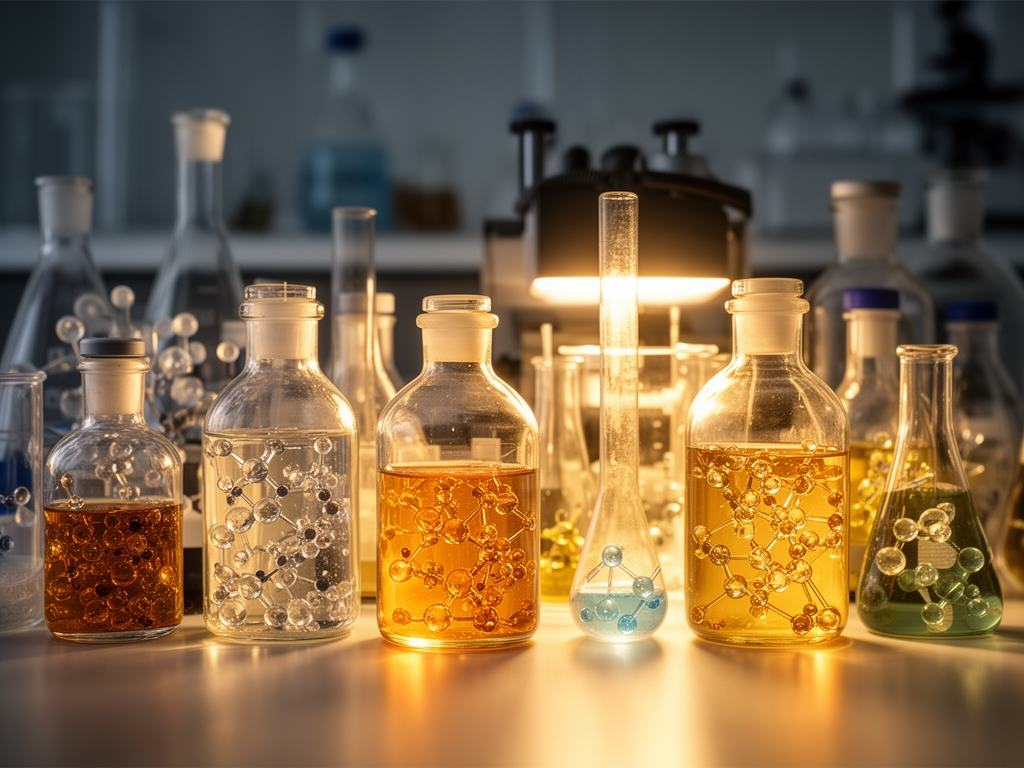 Naucna laboratorija sa staklenim bocicama i reaktivima osvetljenim toplim bocnim svetlom koje naglasava teksture i molekularne detalje uzoraka