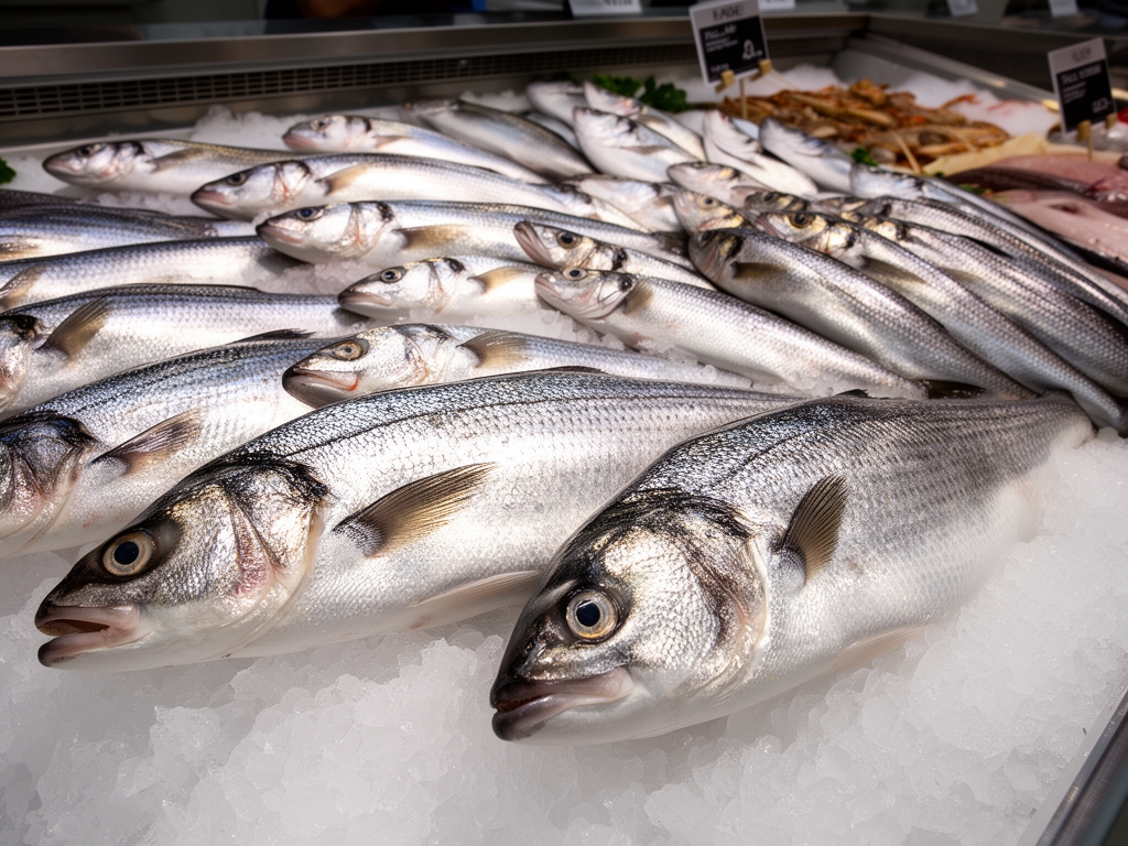 Sveže ribe bogate omega-3 masnim kiselinama rasporedene na crushed ledu u ribarnici sa osvetljenjem koje naglasava srebrni sjaj krljusˇti i svezˇinu proizvoda